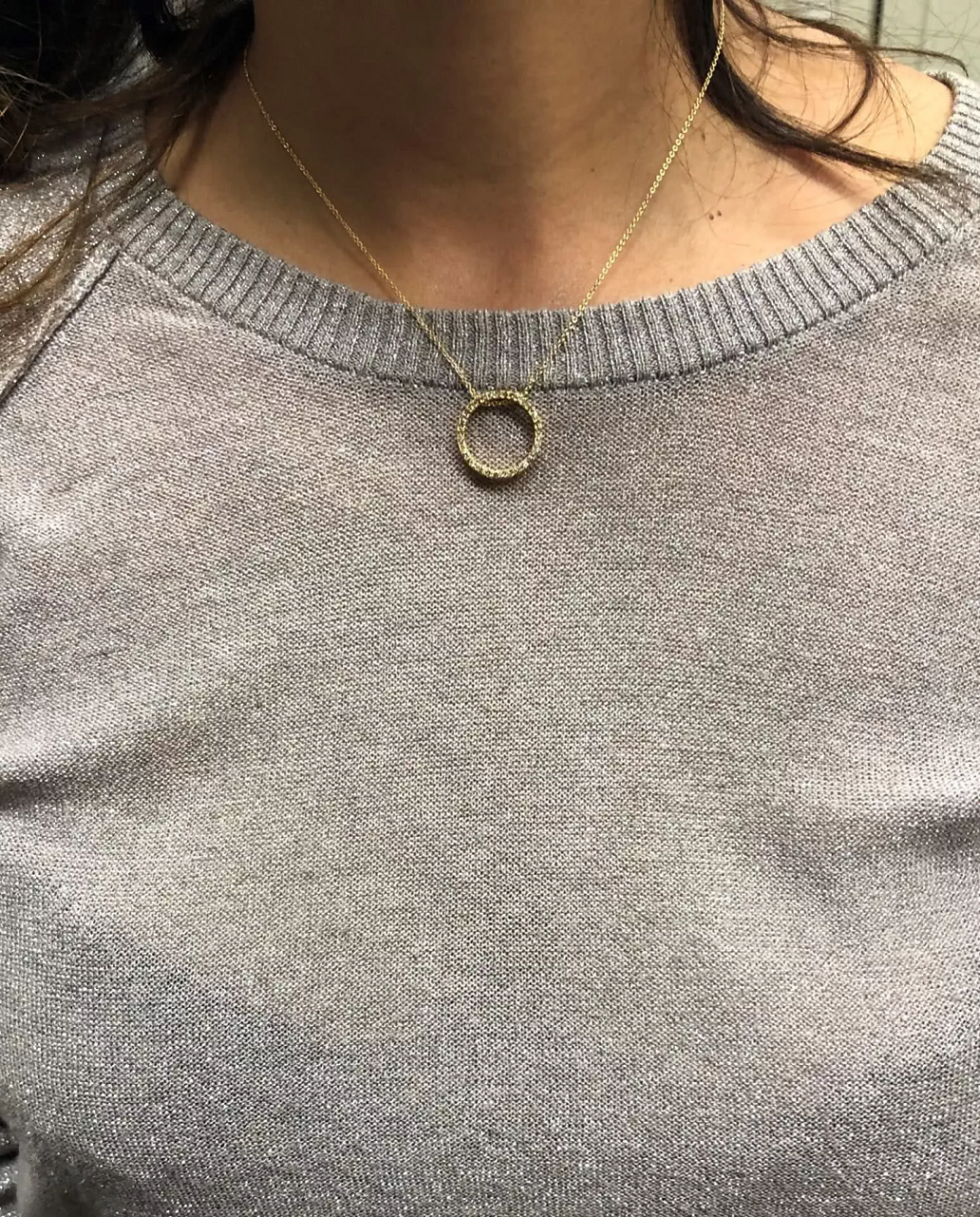 18ct Yellow gold Australian Cognac diamonds circle necklace worn on the neck