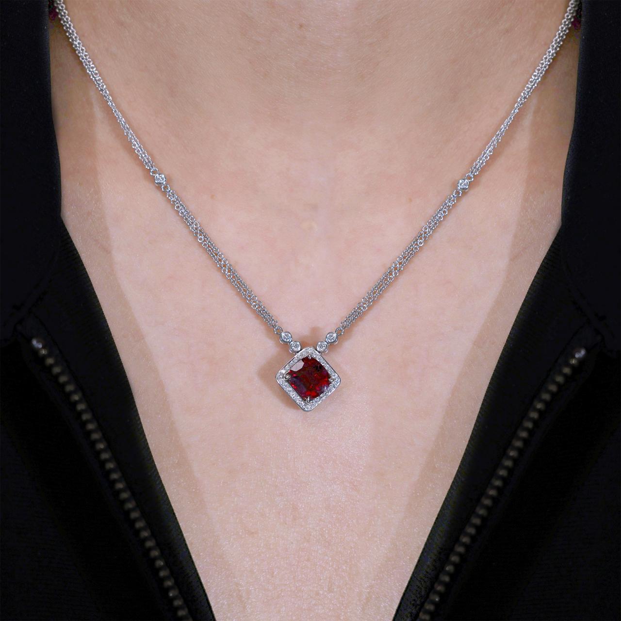 18ct white gold cushion cut rubelite and diamond necklace on the neck