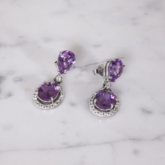 18ct White Gold Diamond & Amethyst drop earrings