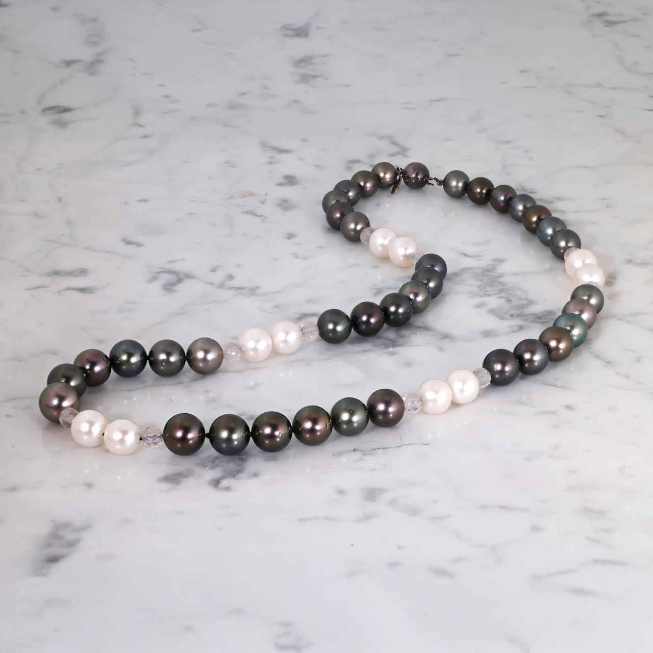 Tahitian and Freshwater pearl necklace with rose quartz & silver clasp