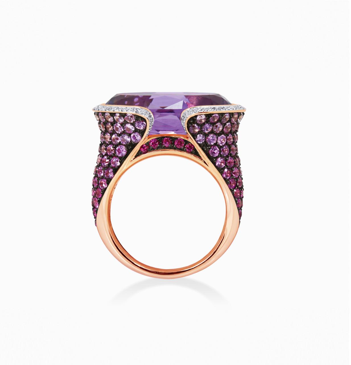 The Bougainvillea ring 18ct Rose Gold Oval Amethyst, round brilliant cut ruby, pink sapphire and diamond ring