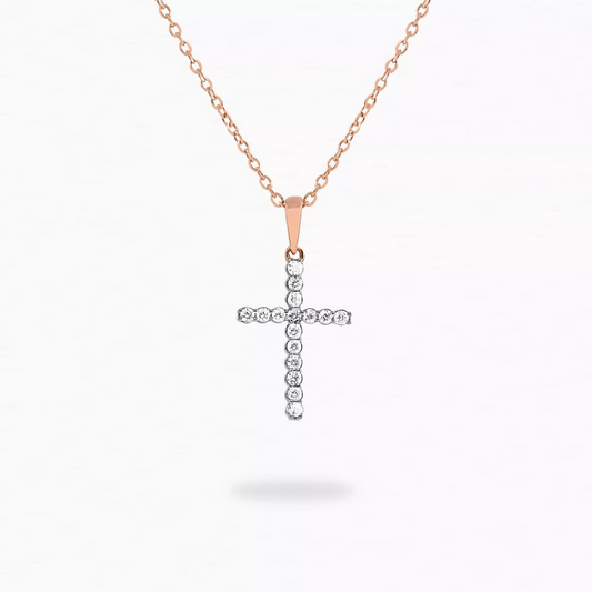 18ct rose gold claw set 16=0.10ct diamond cross necklace
