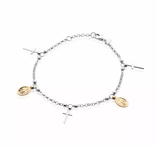 18ct white and rose gold cross & rosary charm bracelet