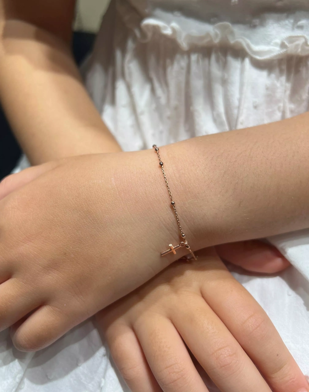 18ct rose gold rosary bracelet with cross