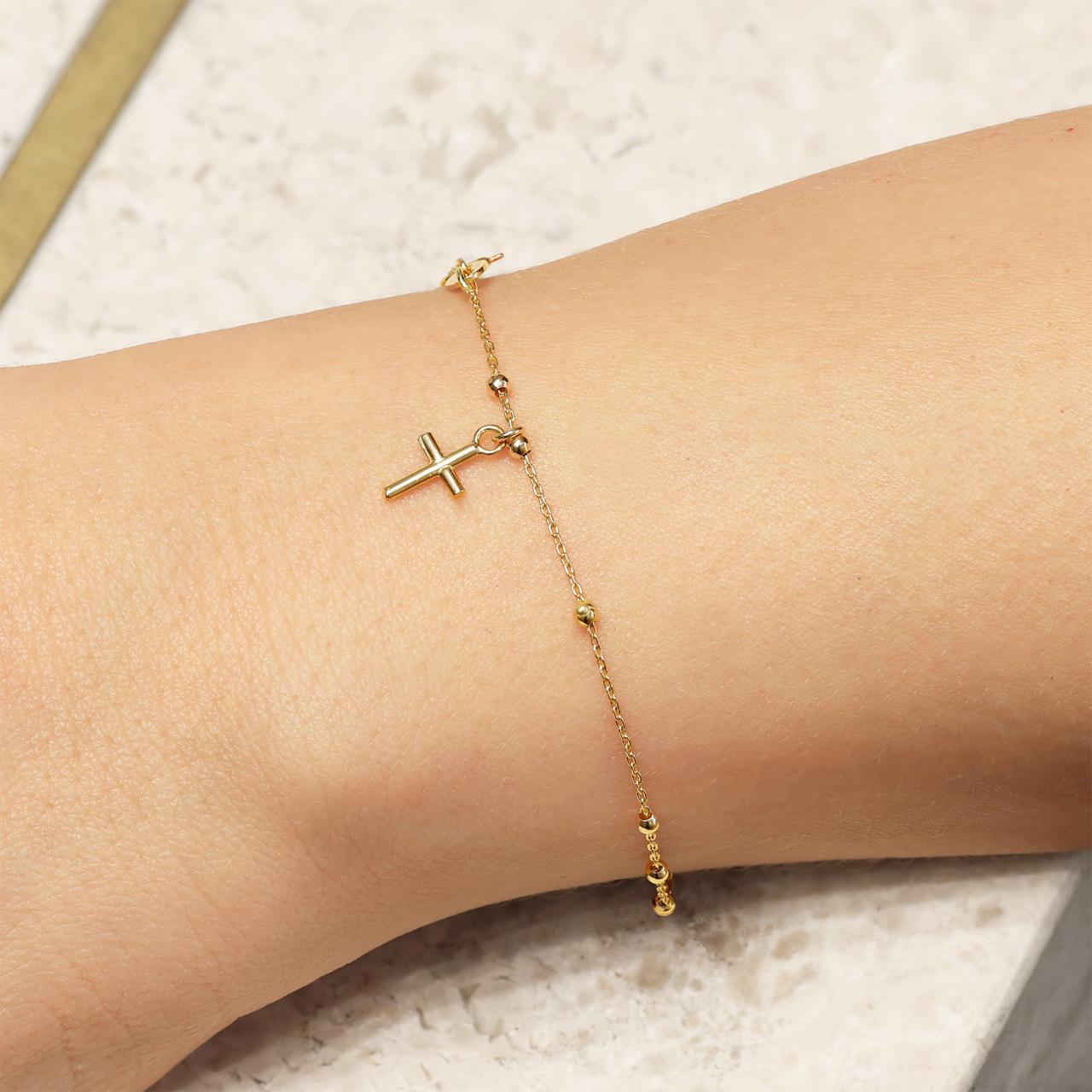 18ct yellow gold rosary beads bracelet with cross
