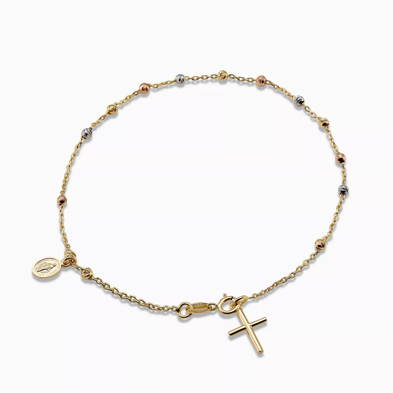18ct yellow, rose and white gold rosary beads bracelet with cross and medallion