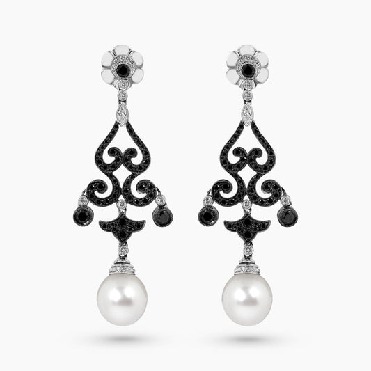18ct white gold diamond fancy pearl drop earrings
