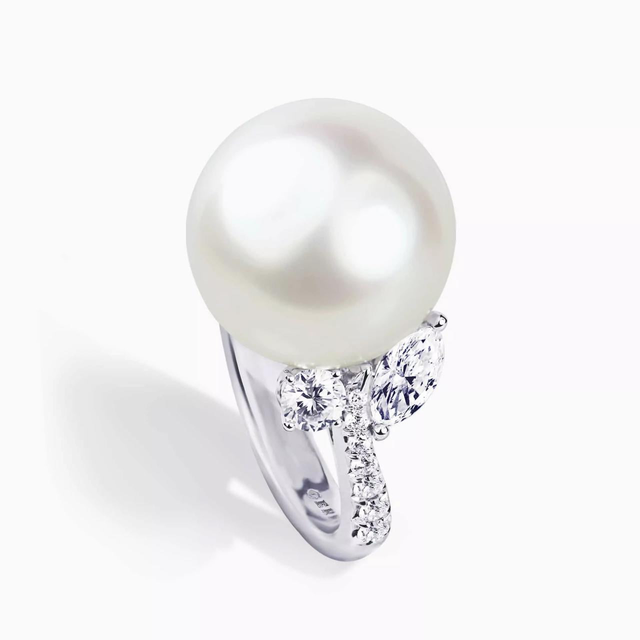 18ct white gold South Sea pearl, marquise and round brilliant cut diamond ring