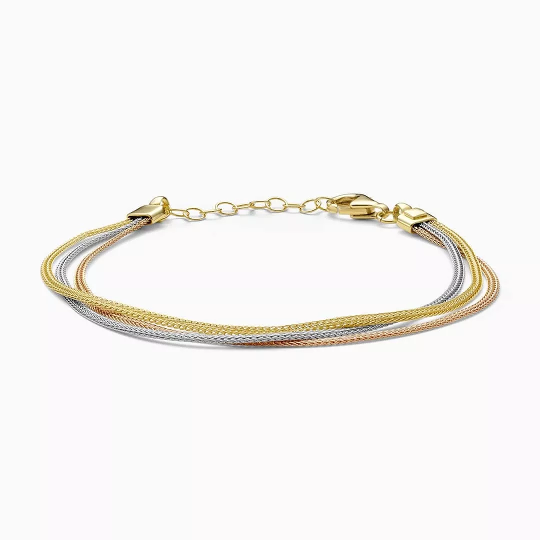 18ct yellow, white and rose gold layered woven bracelet