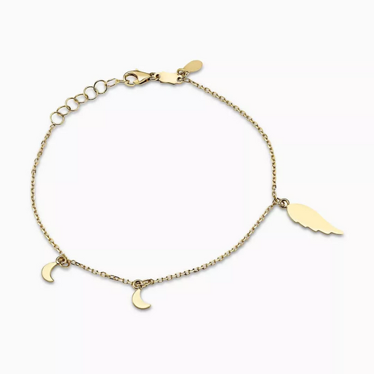 18ct yellow gold crescent moon and feather bracelet