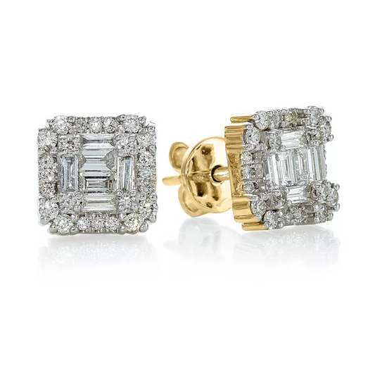 18ct yellow gold claw set baguette & round brilliant cut diamond stud earring