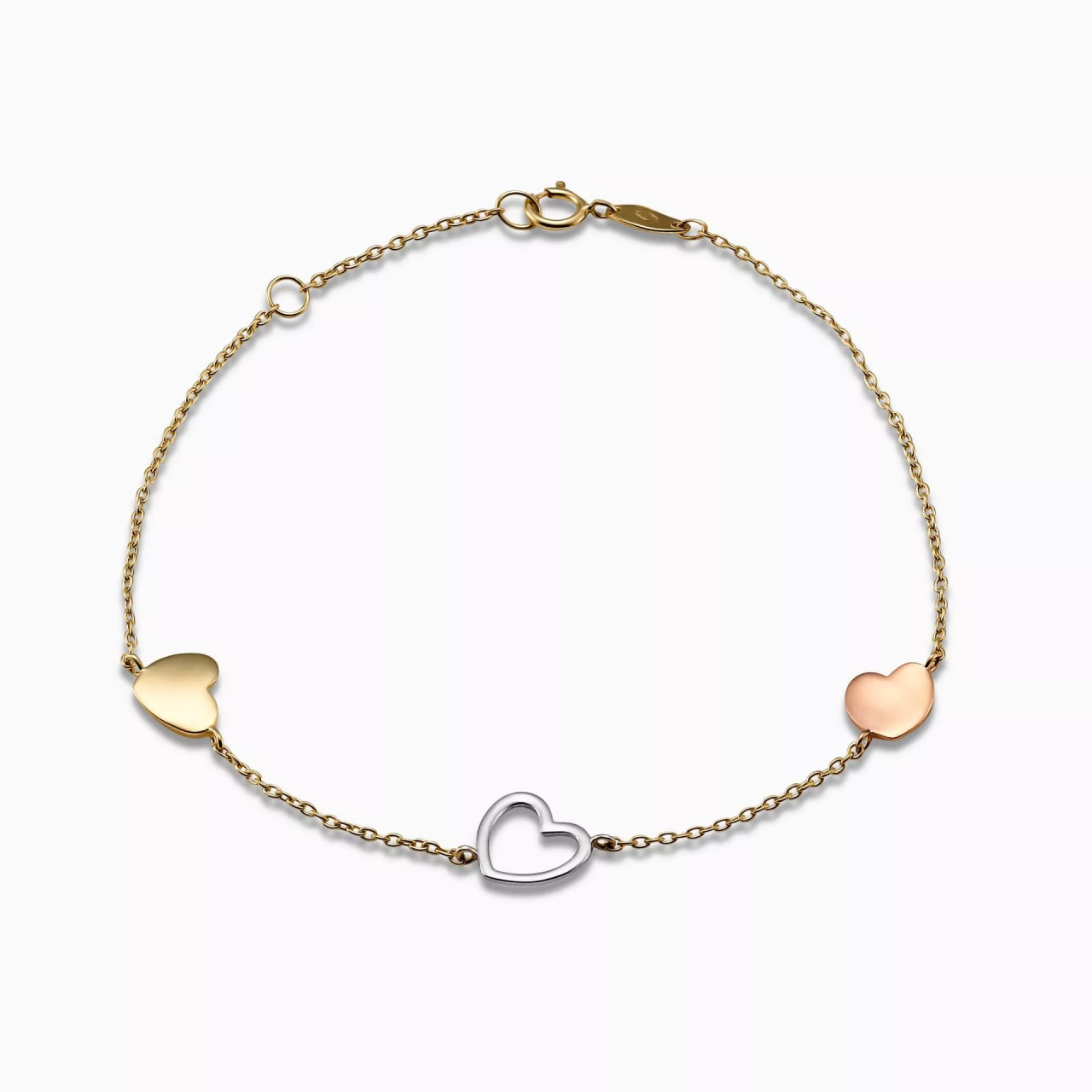 18ct yellow, white and rose gold hearts bracelet