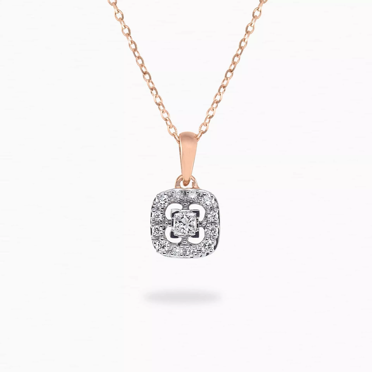 18ct rose gold cushion shape cluster diamond necklace