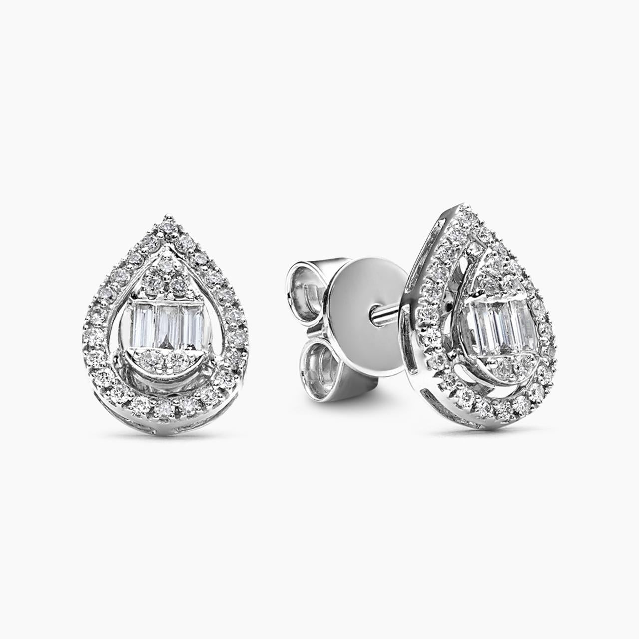 18ct white gold baguette and round diamond pear shape stud earrings