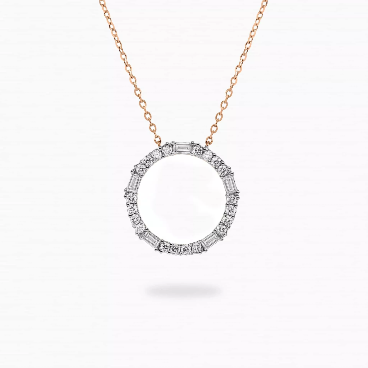18ct rose gold baguette and round diamond circle necklace
