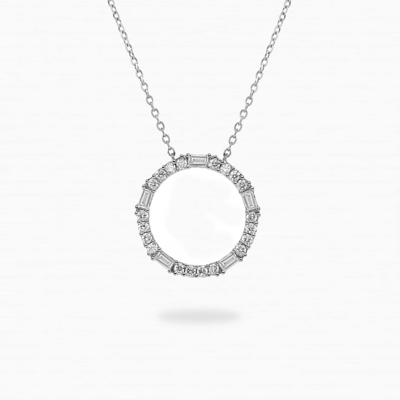 18ct white gold baguette and round diamond circle necklace