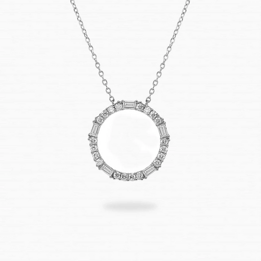 18ct white gold baguette and round diamond circle necklace