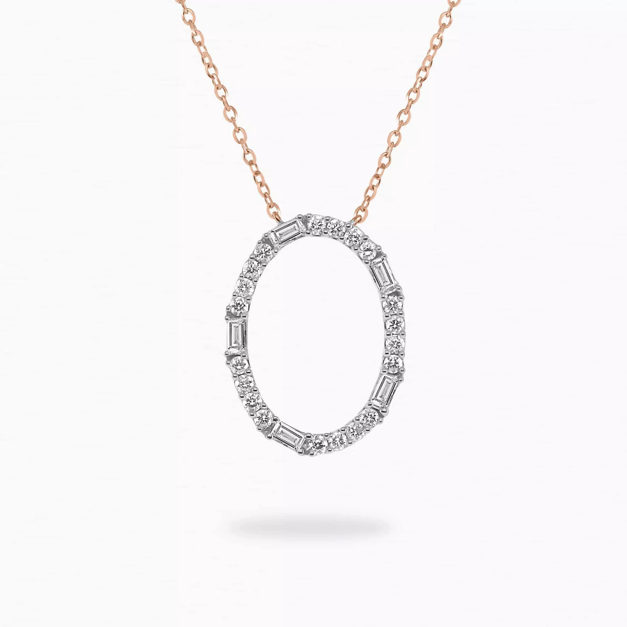 18ct rose gold oval shape baguette and round diamond necklace