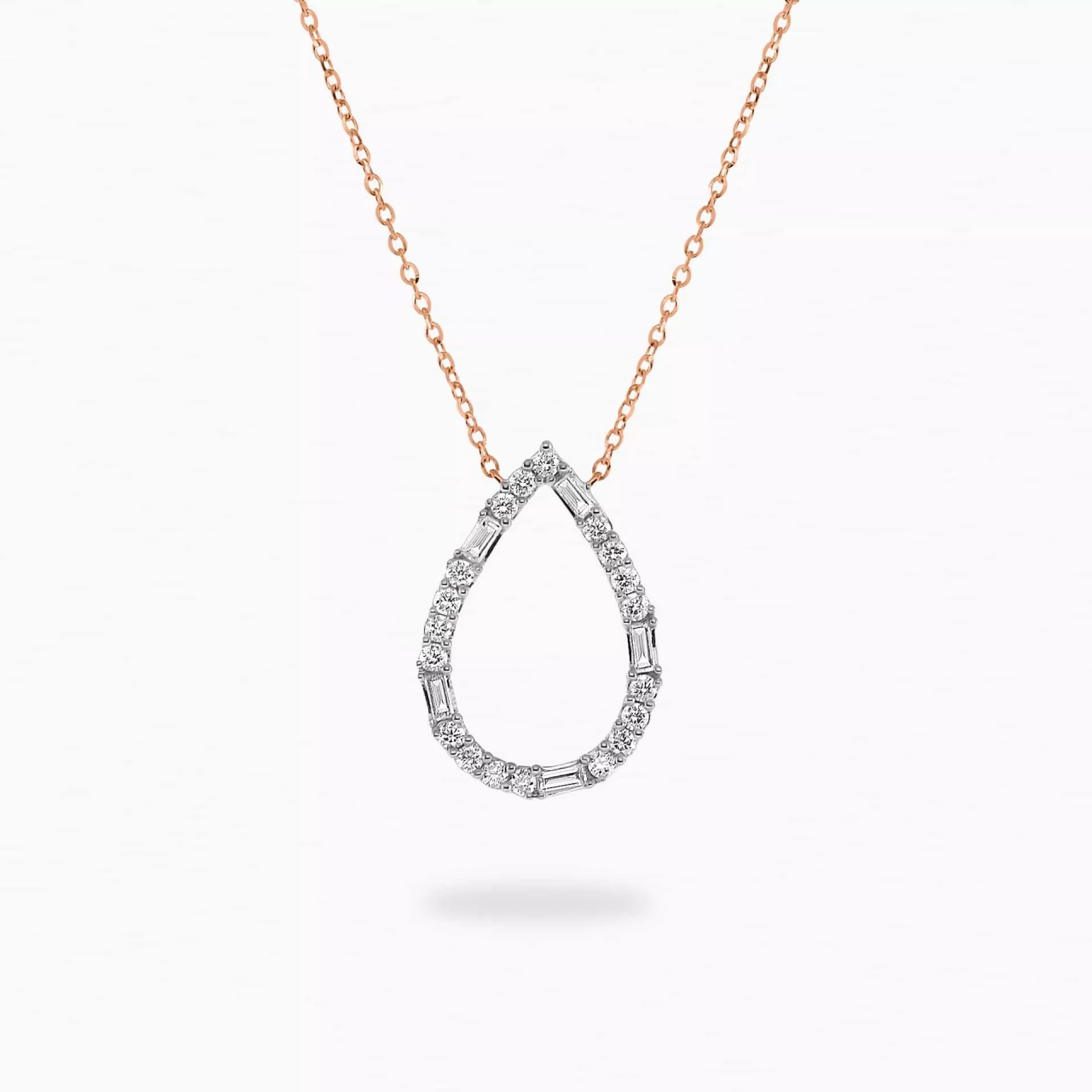18ct rose gold pear shape baguette and round diamond necklace