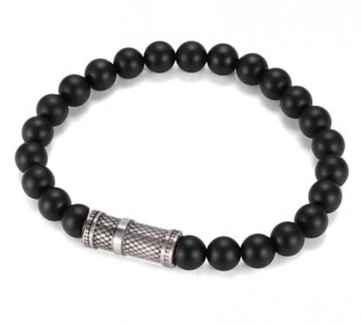 Black agate and stainless steel mens stretchy bracelet