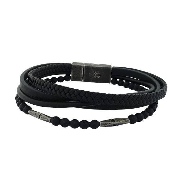 Black leather hematite antique plated stainless steel bracelet