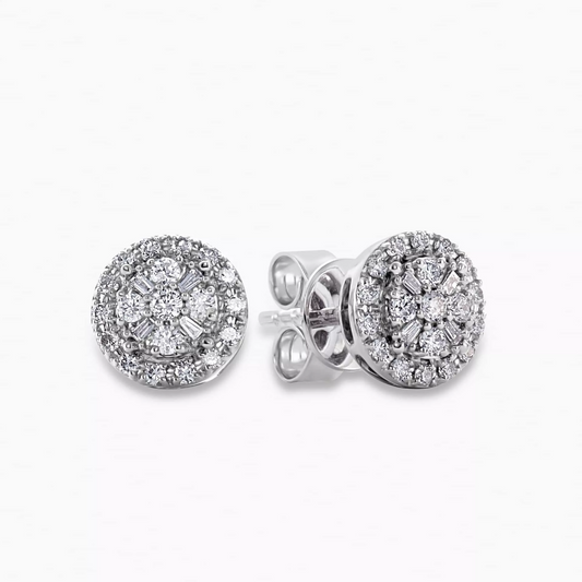18ct white gold round shape baguette and round cut diamond cluster stud earrings