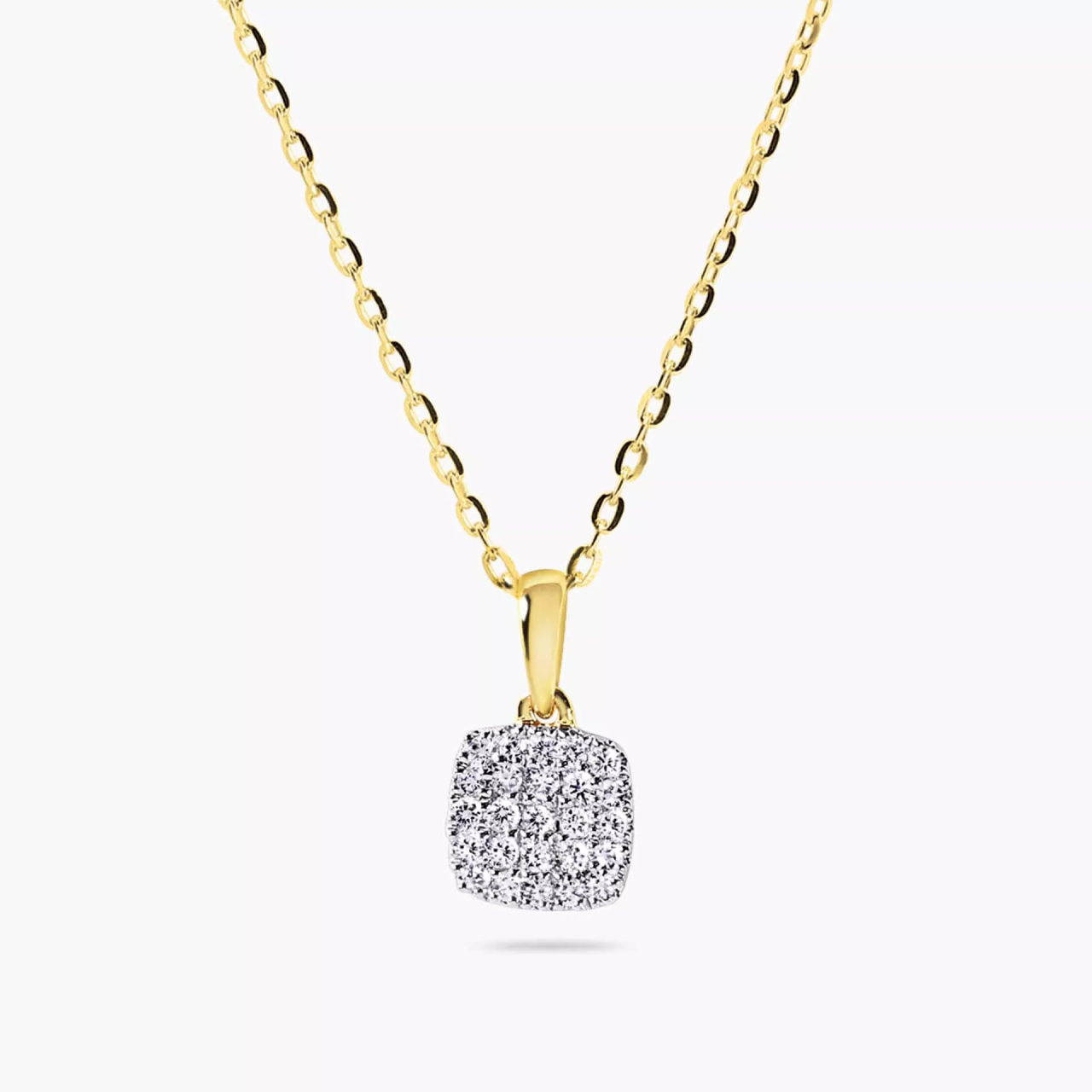 18ct yellow gold cushion shape cluster diamond necklace