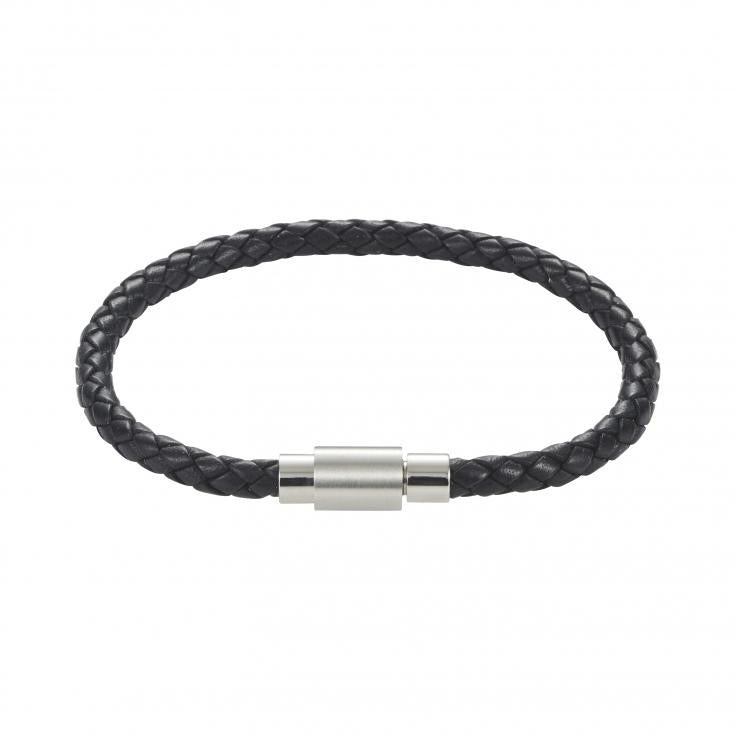 Black leather and stainless steel mens bracelet 20cm
