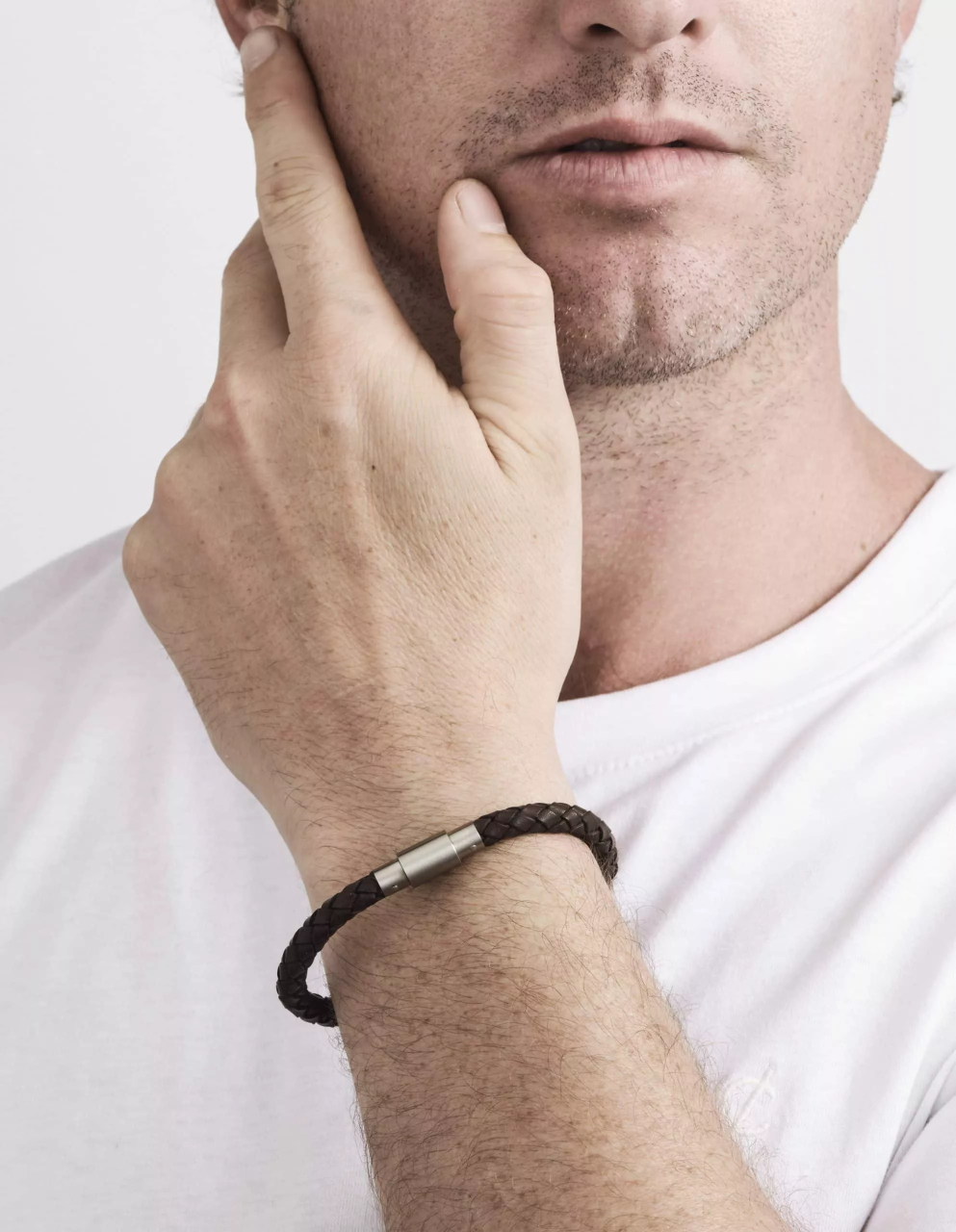 Platted brown leather and stainless steel mens bracelet 22cm