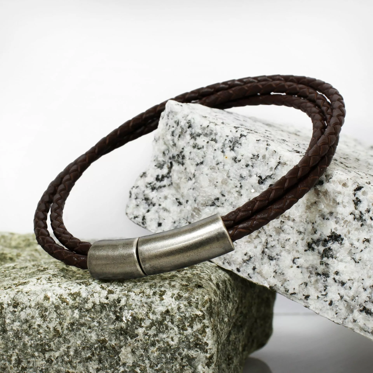 Multi strand brown leather bracelet with stainless steel clasp