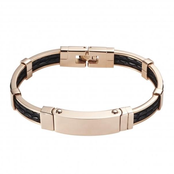 Polished Ion plated rose gold stainless steel platted double strand black leather bracelet