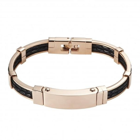 Polished Ion plated rose gold stainless steel platted double strand black leather bracelet