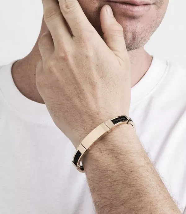 Polished Ion plated rose gold stainless steel platted double strand black leather bracelet