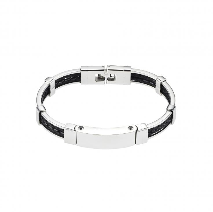 Stainless steel and platted double strand Black Leather bracelet