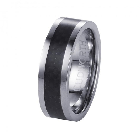 Polished stainless steel ring with carbon fiber inlay