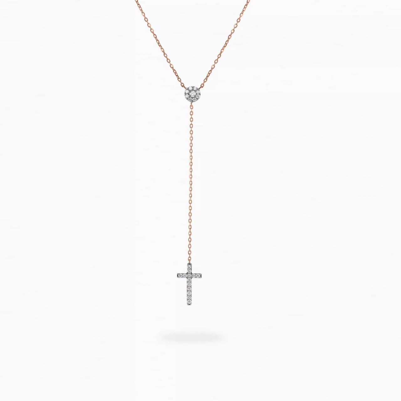 18ct rose gold diamond set drop cross necklace