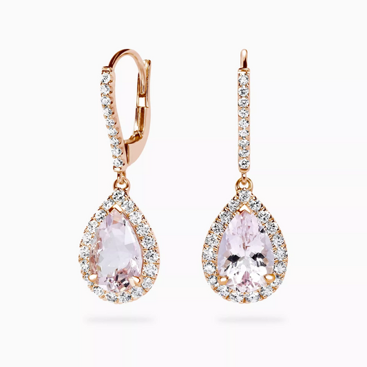 18ct rose gold pink pear morganite and diamond drop earrings