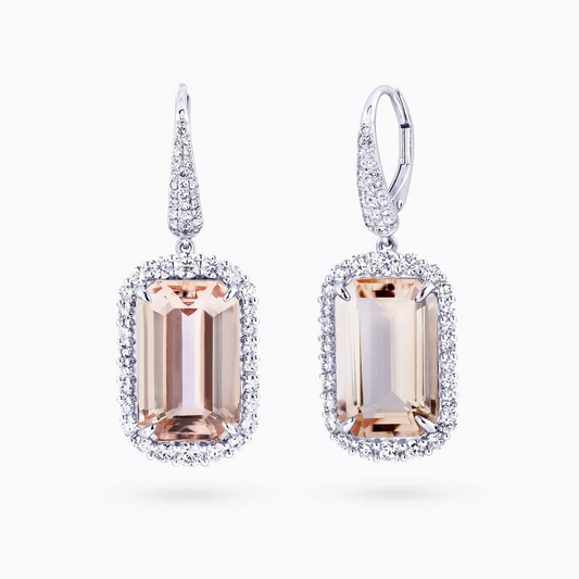 18ct white gold 15.25ct emerald cut morganite and diamond earrings