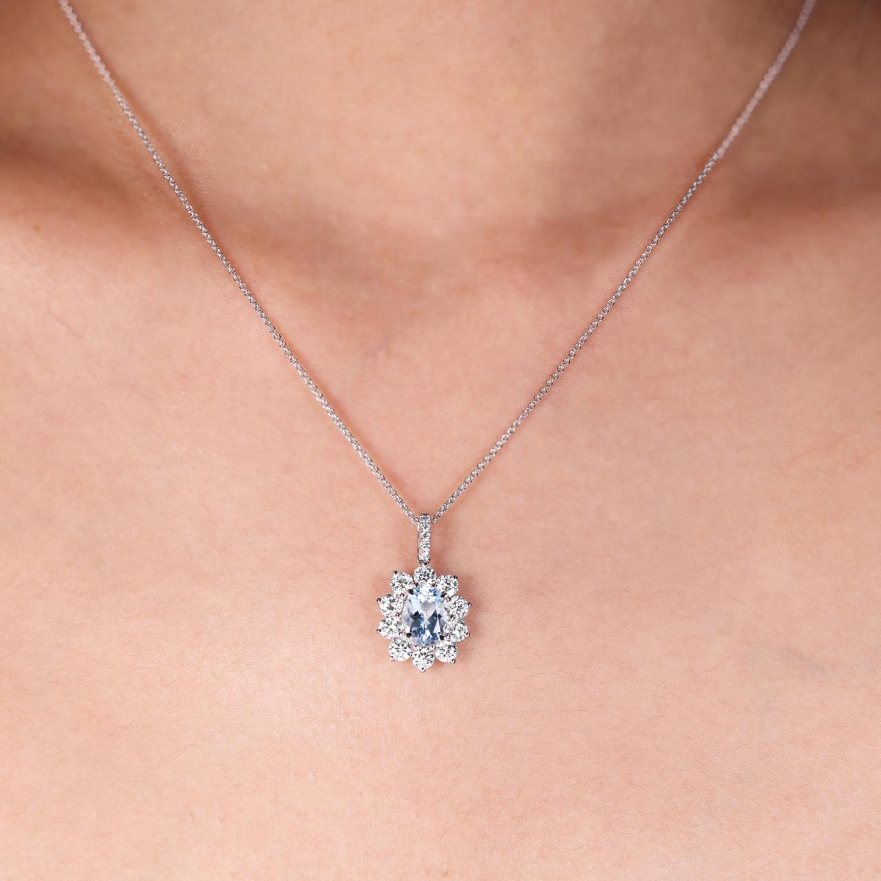 18ct white gold Santa Maria aquamarine and diamond necklace on the neck