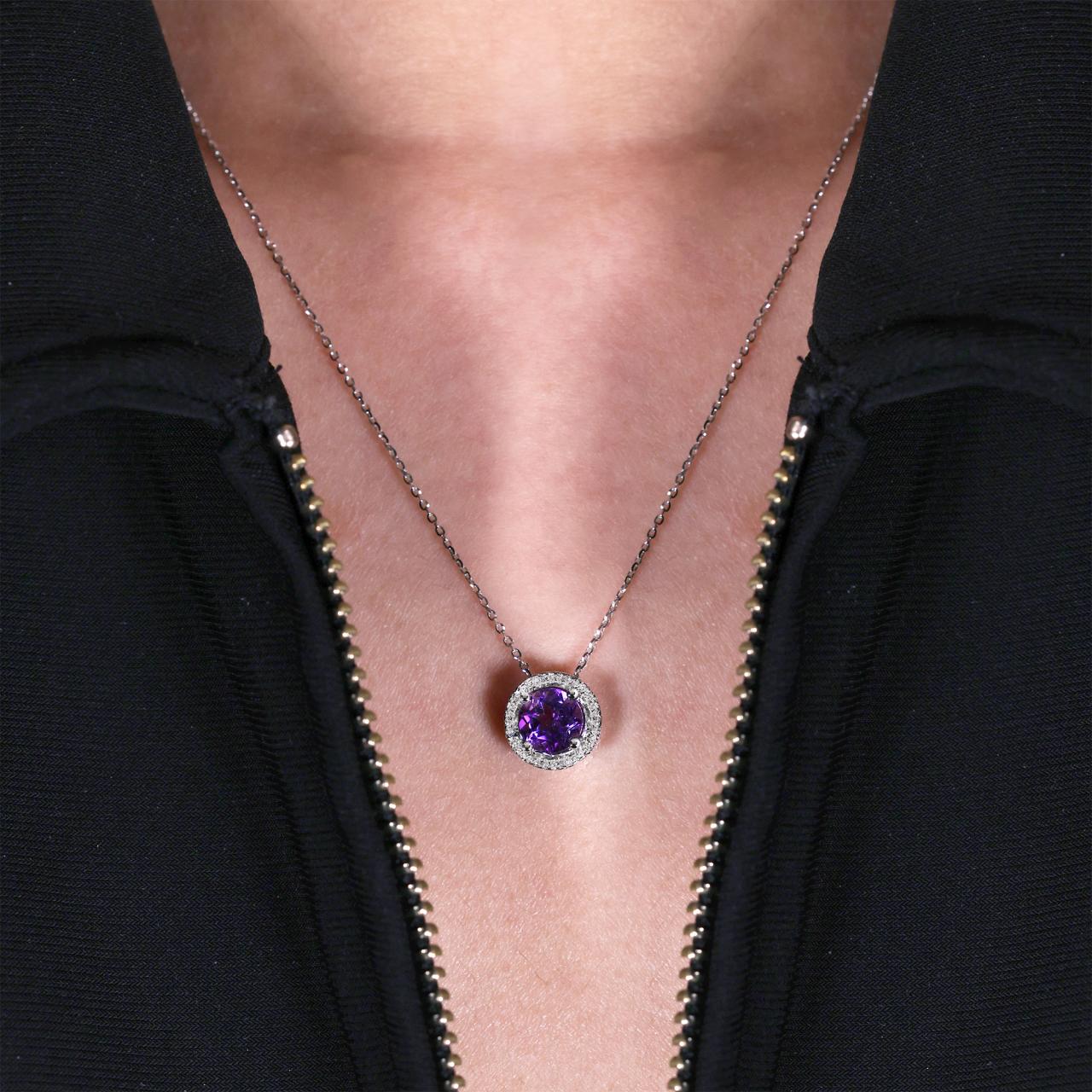 18ct white gold round amethyst and diamond halo necklace on the neck
