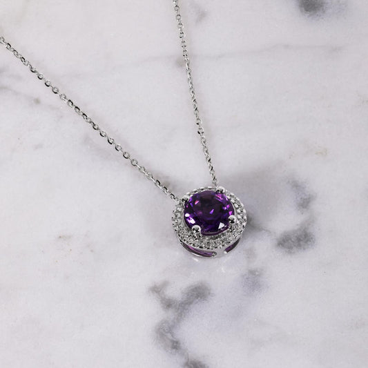 18ct white gold 1.15ct round amethyst and diamond halo necklace