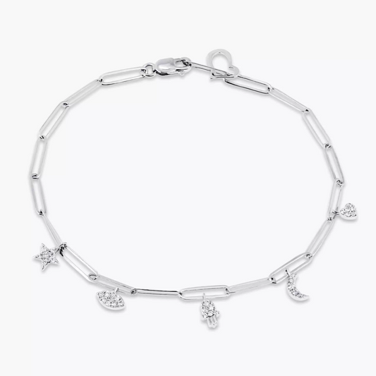 18ct white gold diamond paperclip star, eye, moon, heart charm bracelet