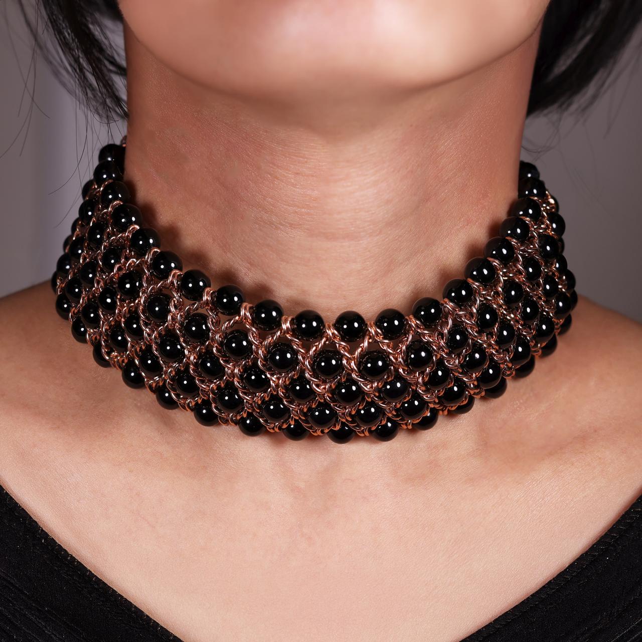 Onyx beads with gold plated silver fittings choker necklace from the Carmela Cerrone Collection on the neck