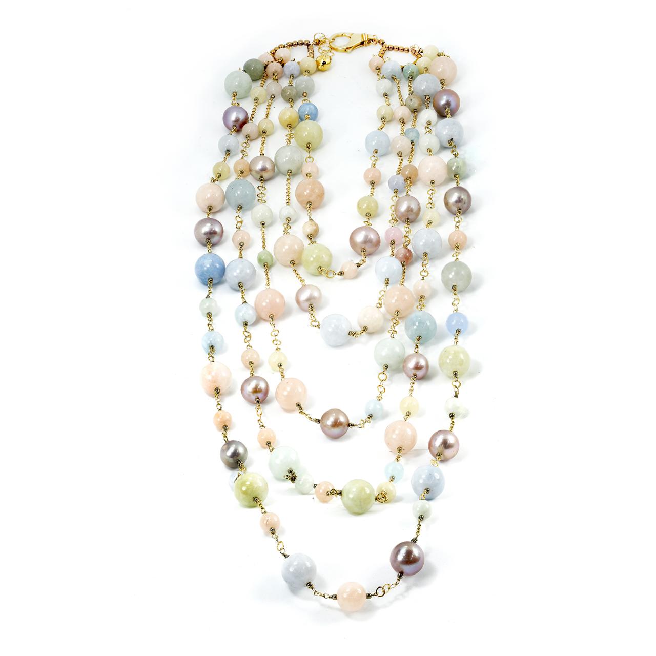 Layered Beryl beads and freshwater pearl necklace
