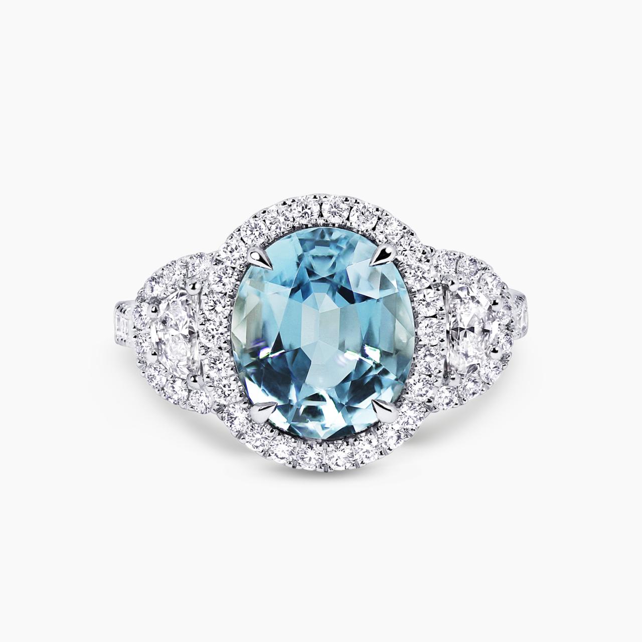 18ct white gold 3.27ct Santa Maria aquamarine and half moon brilliant cut diamond ring