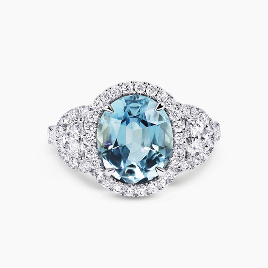 18ct white gold 3.27ct Santa Maria aquamarine and half moon brilliant cut diamond ring