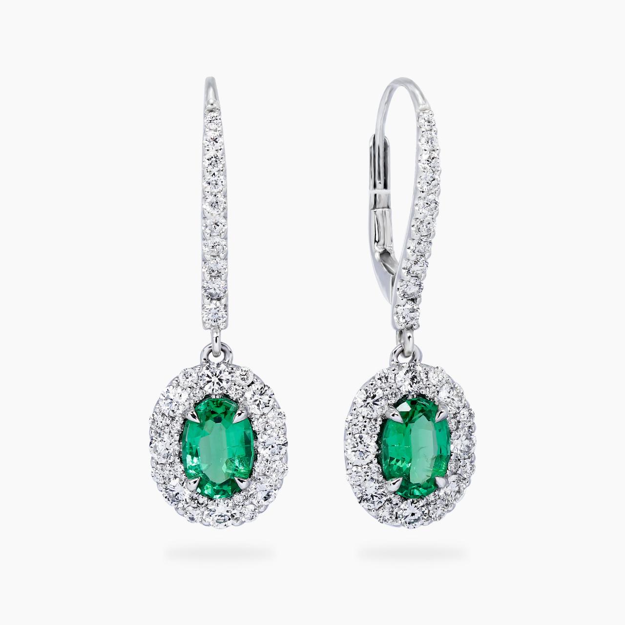 18ct white gold oval green emerald and diamond drop earrings