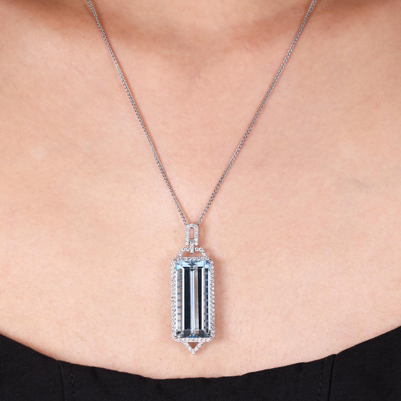 18ct white gold rectangular aquamarine and diamond necklace on the neck