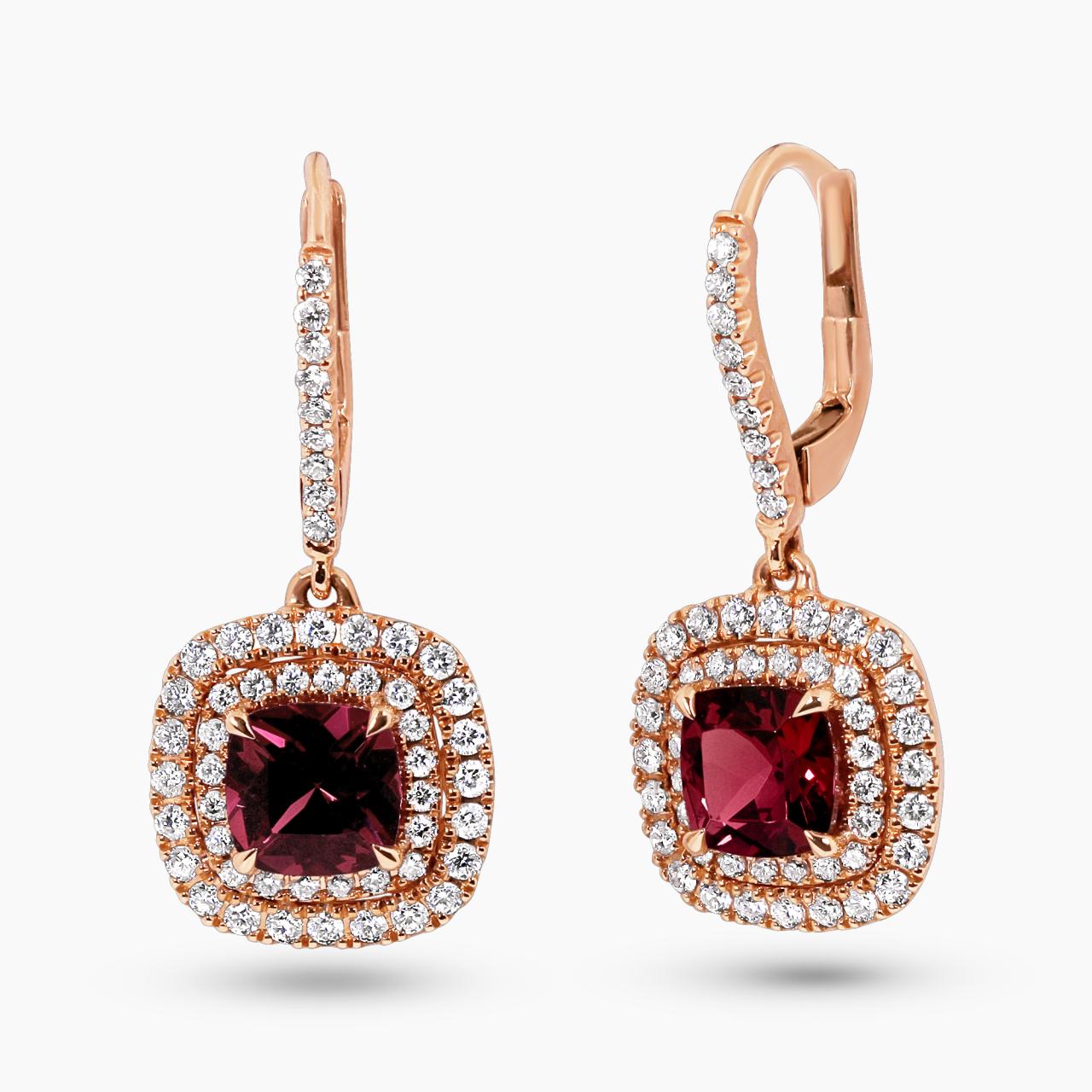 18ct rose gold rhodalite and diamond drop earrings