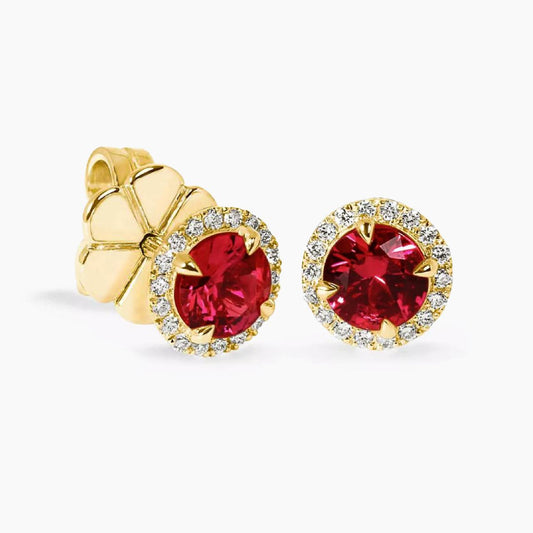 18ct yellow gold ruby and diamond halo earrings